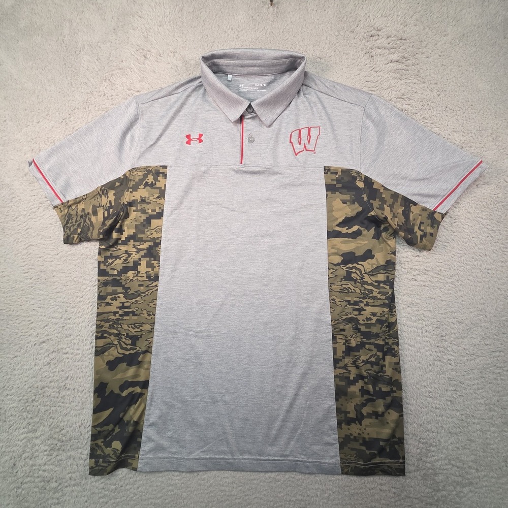 Under Armour Shirt Mens XL Wisconsin Badgers Golf Polo Camo NCAA HeatGear Preppy